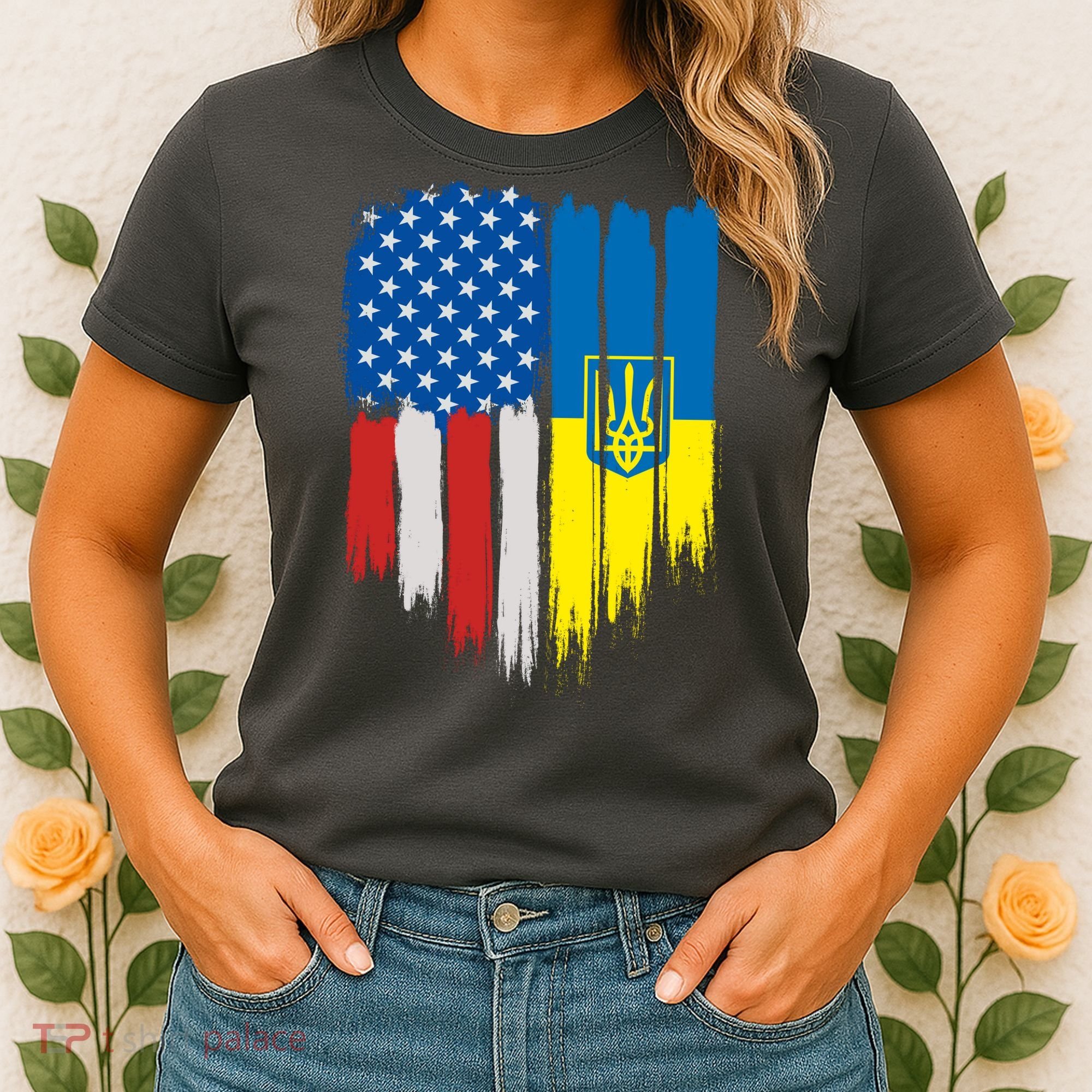 Stand With Ukraine Painted Distressed USA Ukrainian Flags Women's T-Shirt