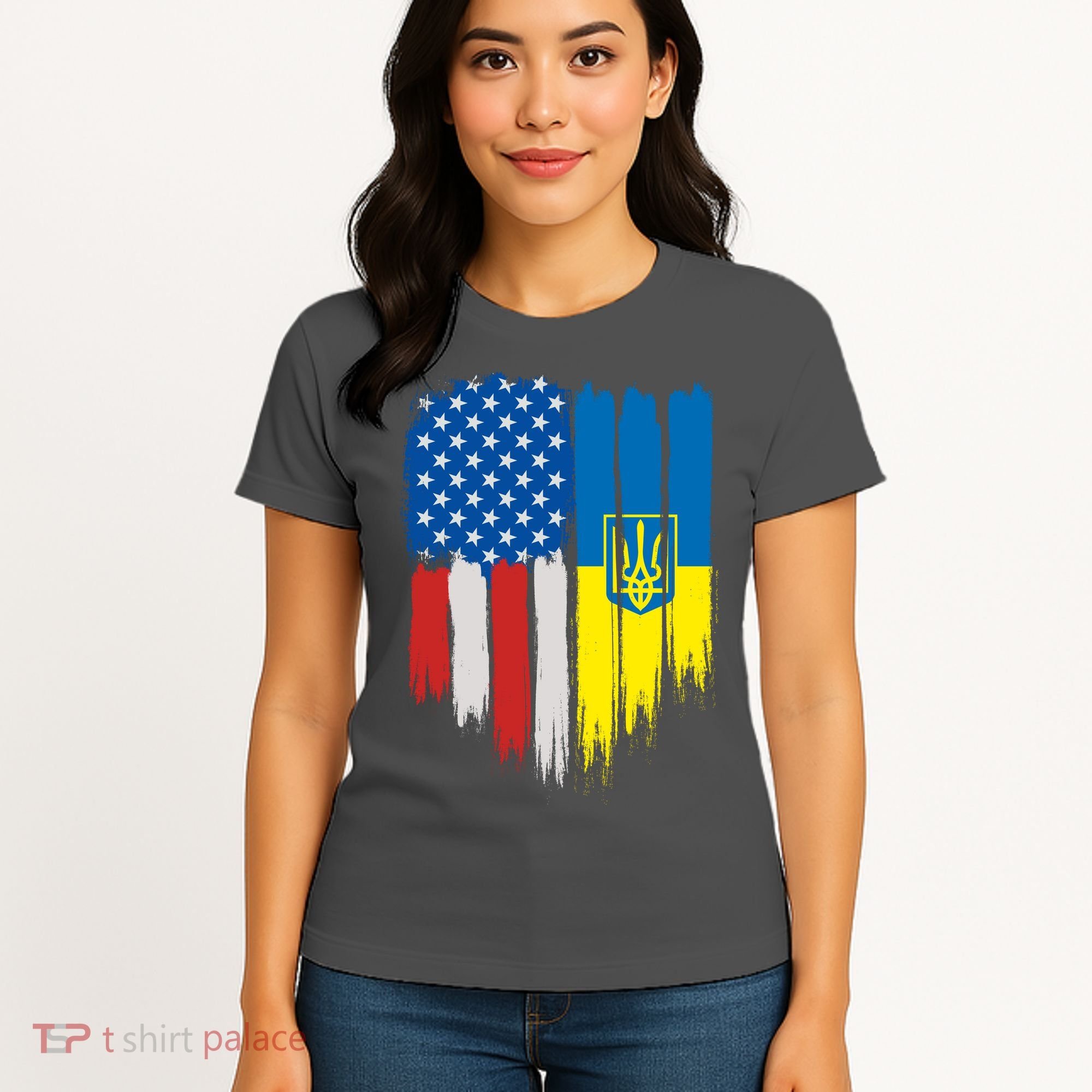 Stand With Ukraine Painted Distressed USA Ukrainian Flags Women's T-Shirt