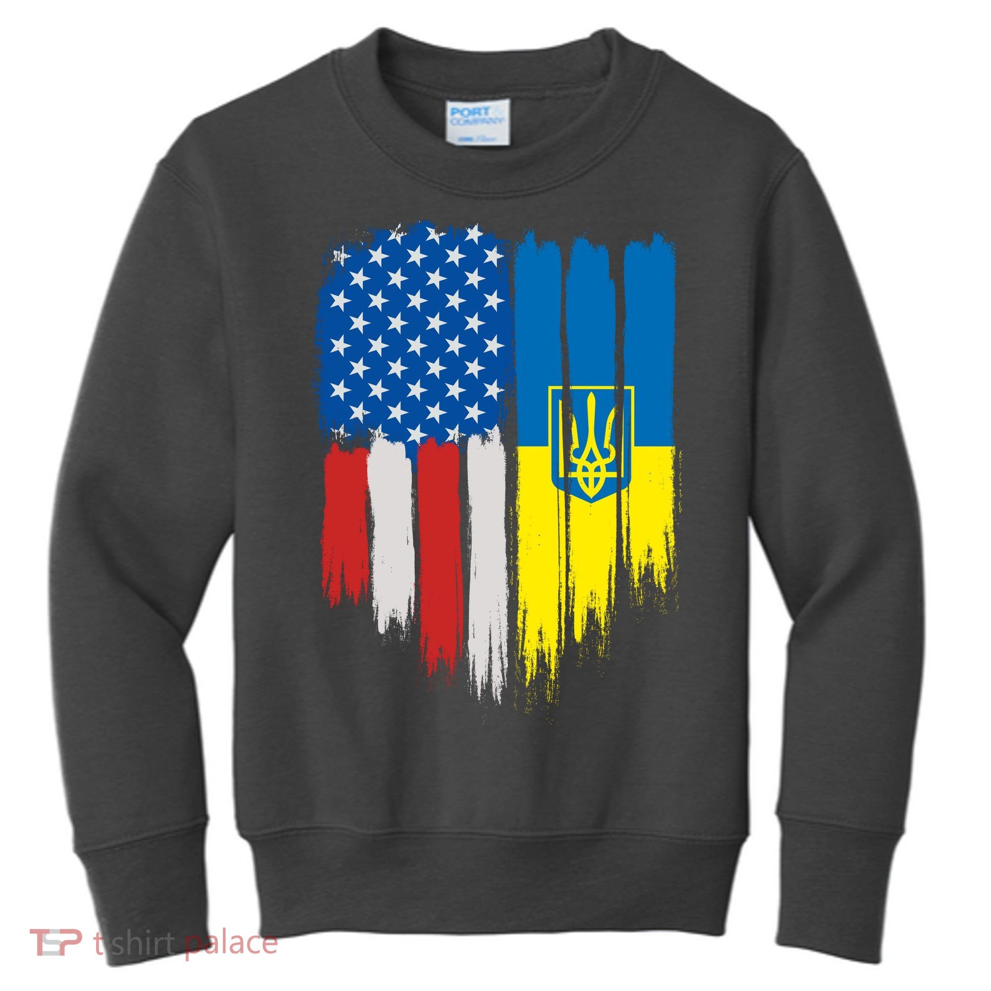 Stand With Ukraine Painted Distressed USA Ukrainian Flags Kids Sweatshirt