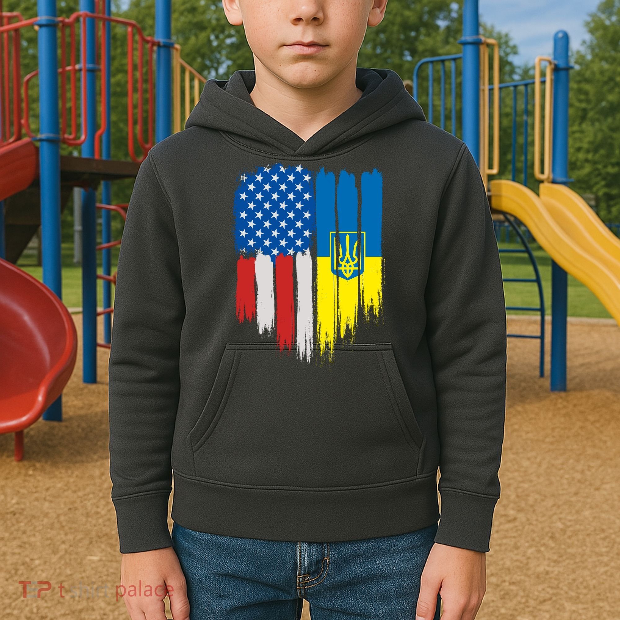 Stand With Ukraine Painted Distressed USA Ukrainian Flags Kids Hoodie
