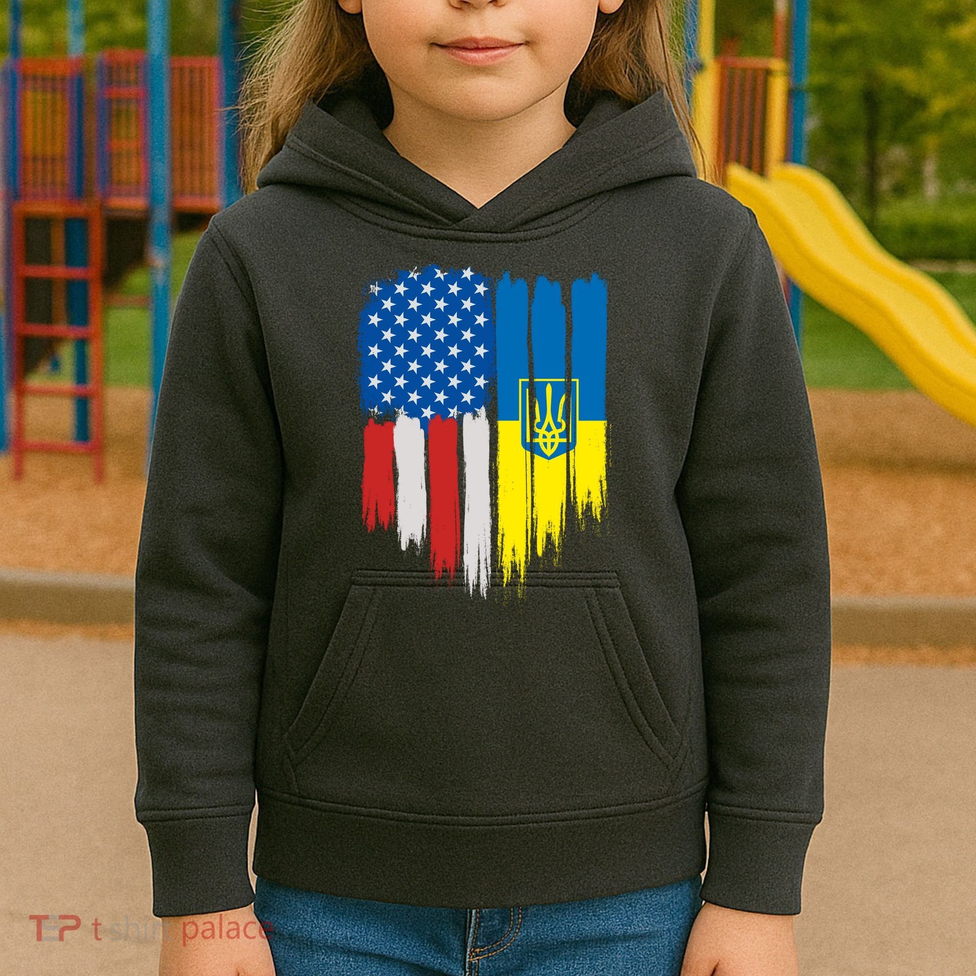 Stand With Ukraine Painted Distressed USA Ukrainian Flags Kids Hoodie