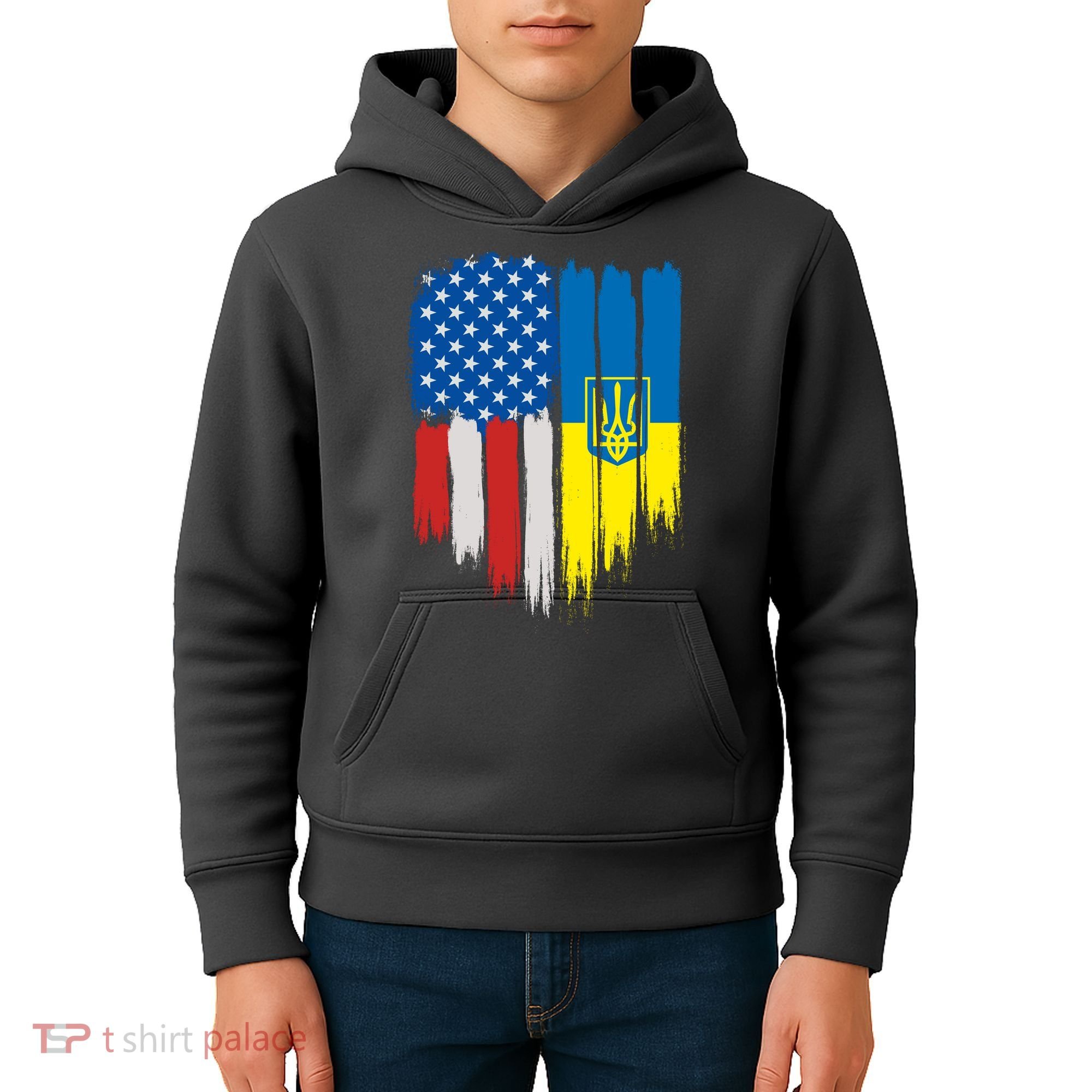 Stand With Ukraine Painted Distressed USA Ukrainian Flags Kids Hoodie