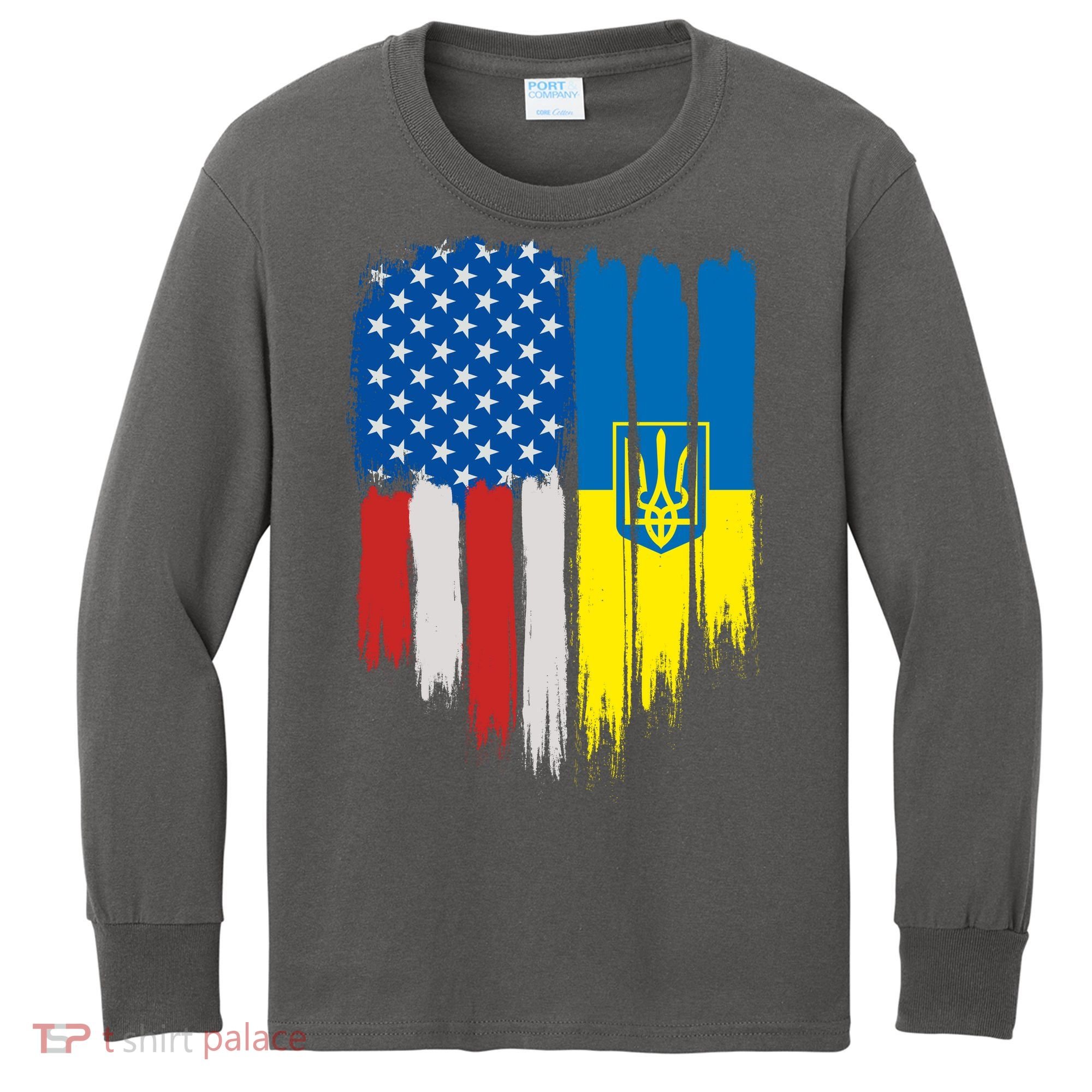 Stand With Ukraine Painted Distressed USA Ukrainian Flags Kids Long Sleeve Shirt