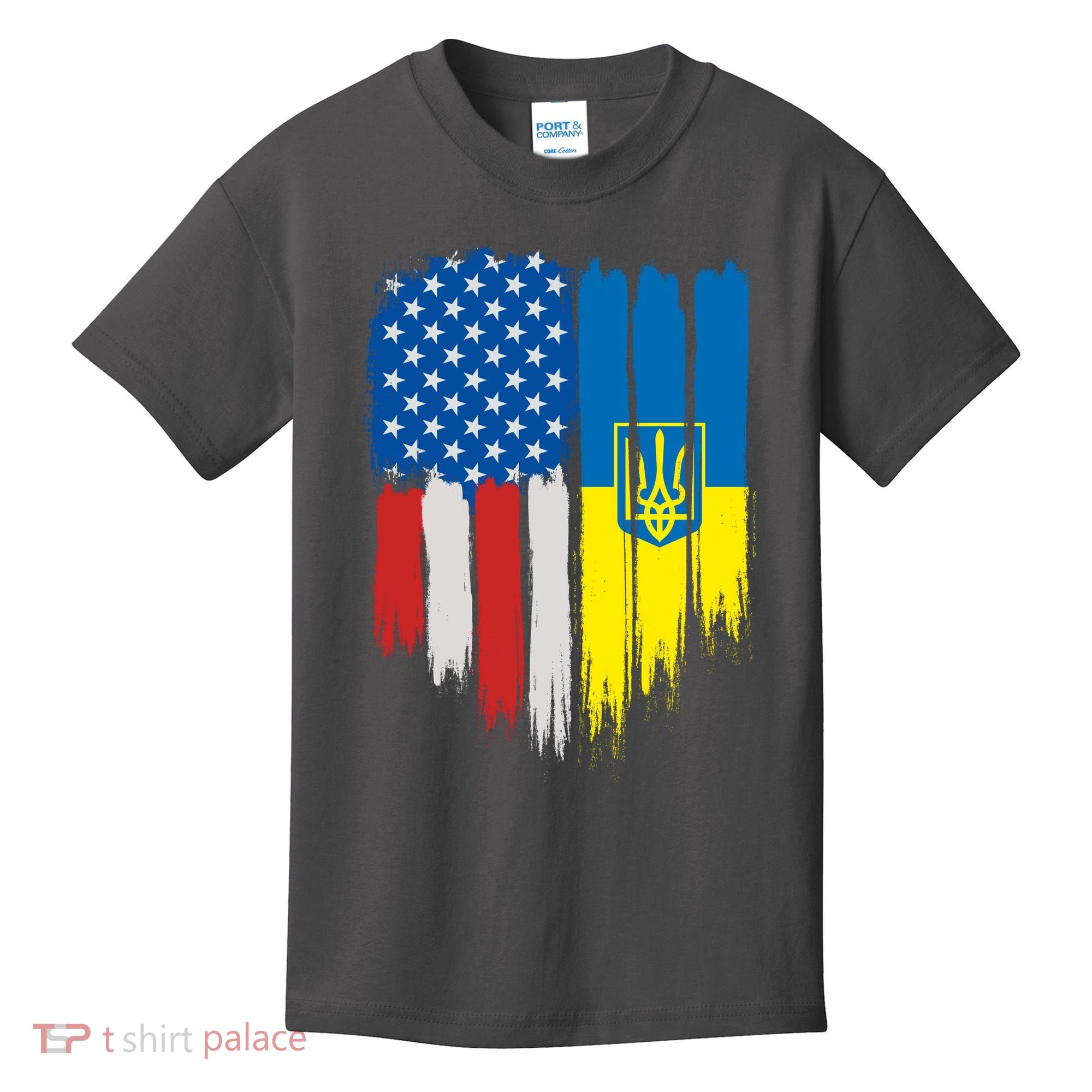 Stand With Ukraine Painted Distressed USA Ukrainian Flags Kids T-Shirt