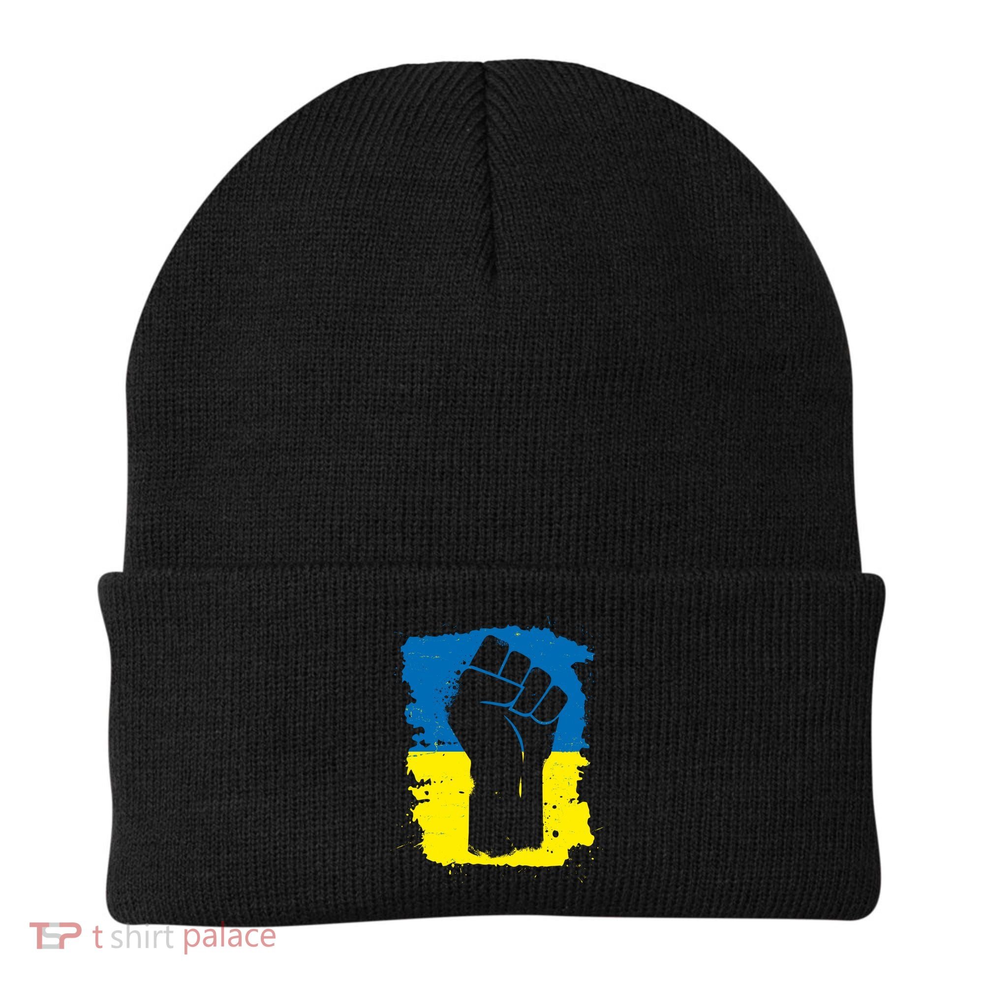 Stand With Ukraine Distressed Protest Fist Ukrainian Flag Beanie