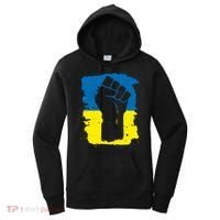 Stand With Ukraine Distressed Protest Fist Ukrainian Flag Women's Hoodie thumb 0