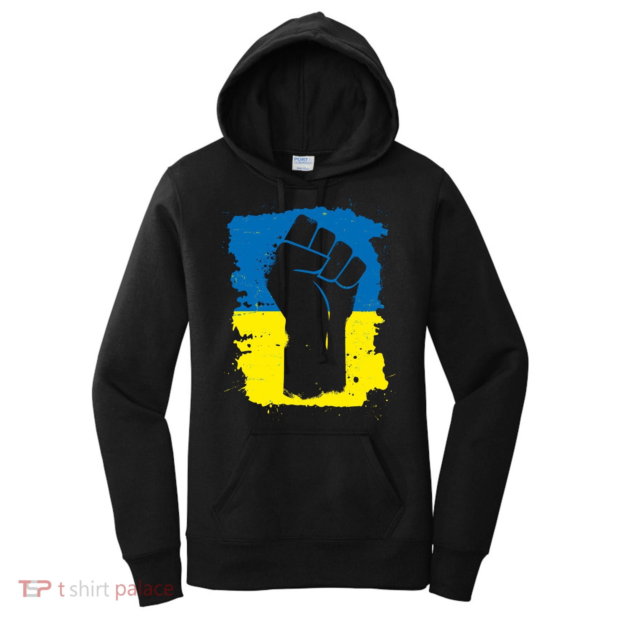 Stand With Ukraine Distressed Protest Fist Ukrainian Flag Women's Hoodie