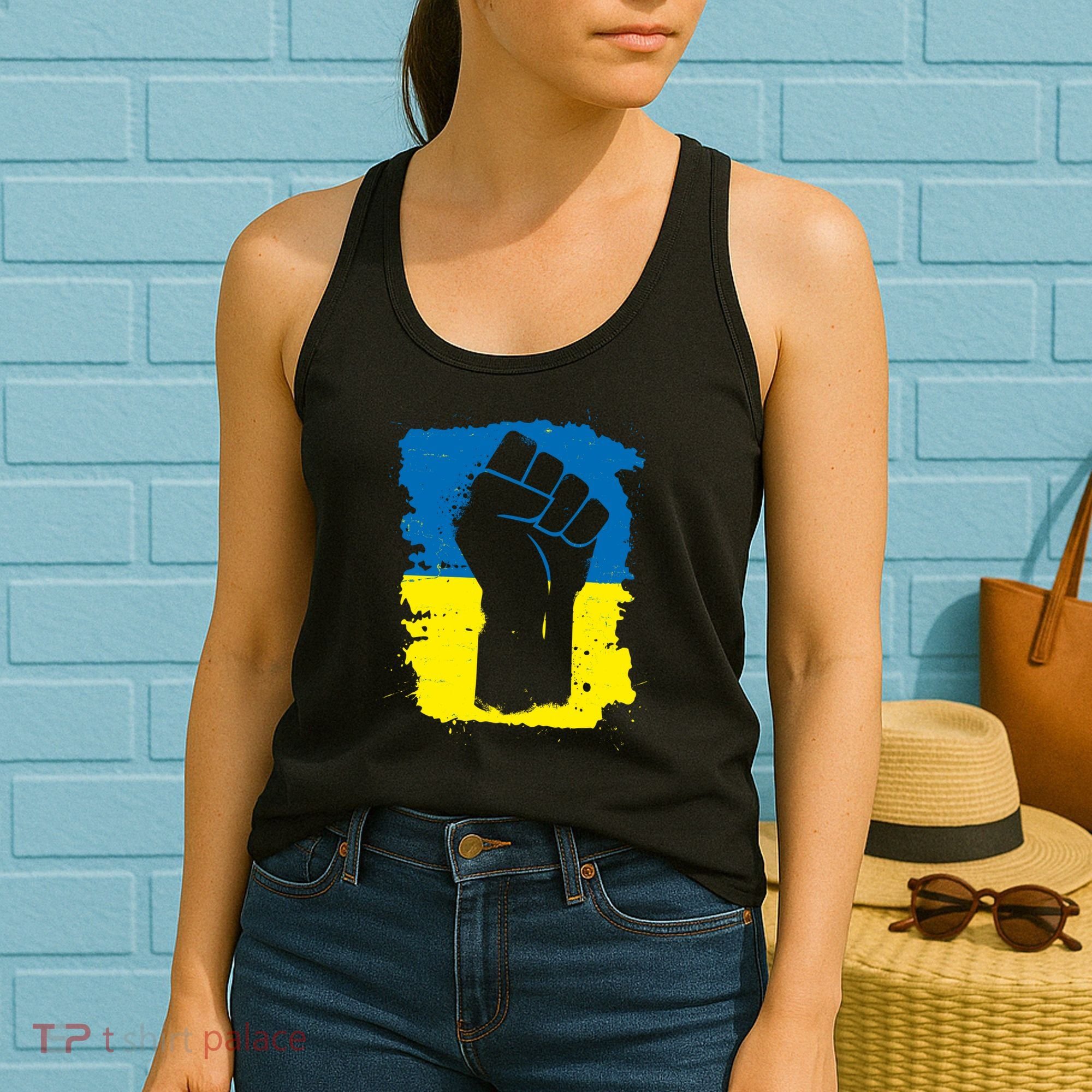 Stand With Ukraine Distressed Protest Fist Ukrainian Flag Women's Tank Top