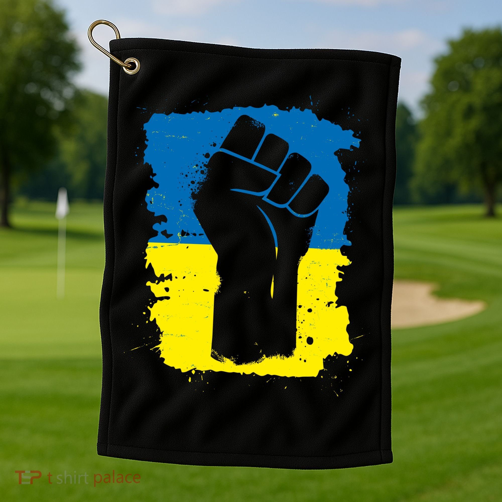 Stand With Ukraine Distressed Protest Fist Ukrainian Flag Golf Towel