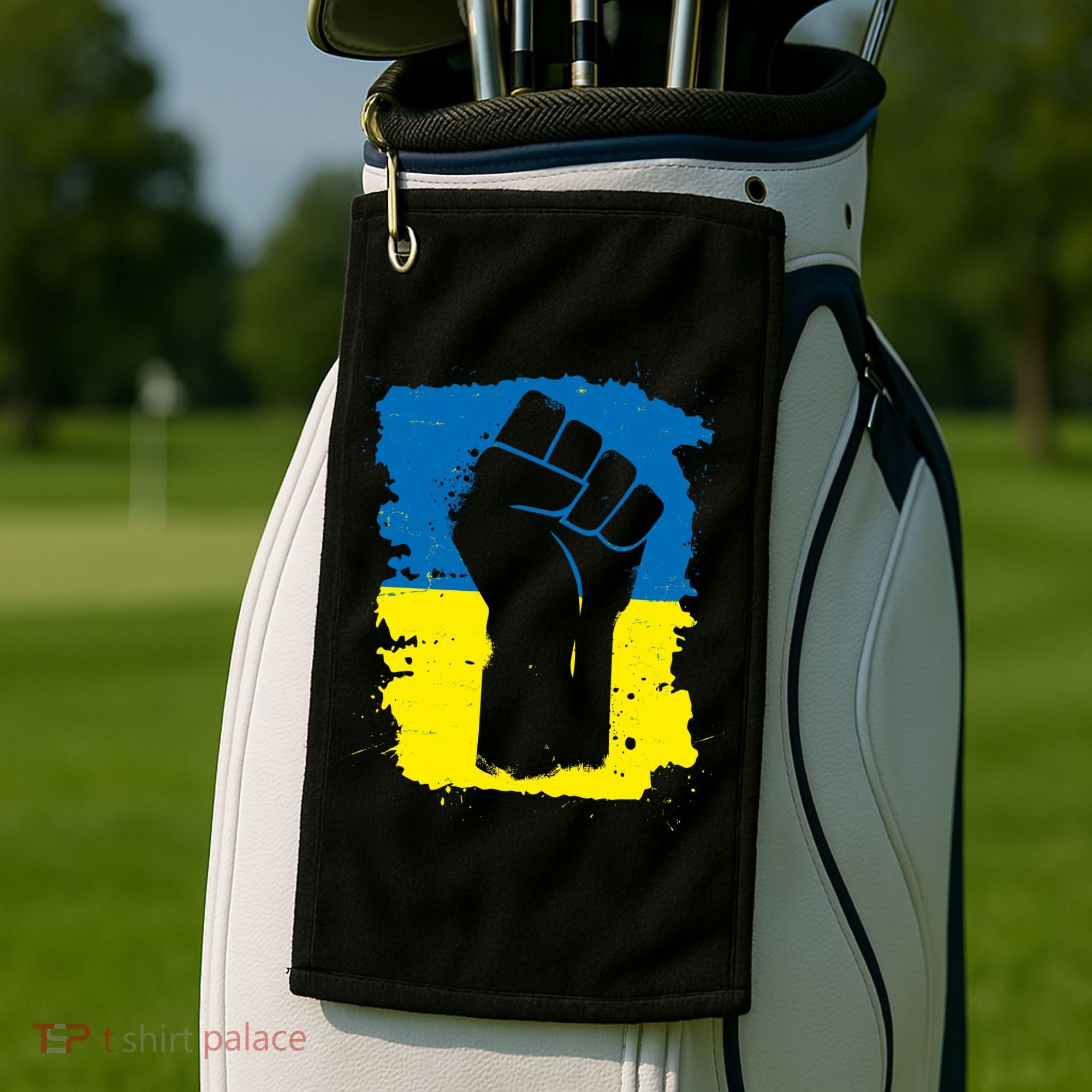Stand With Ukraine Distressed Protest Fist Ukrainian Flag Golf Towel