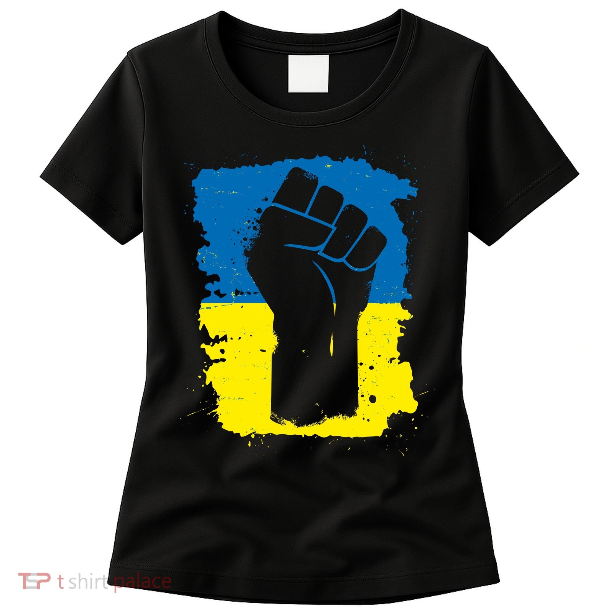 Stand With Ukraine Distressed Protest Fist Ukrainian Flag Women's T-Shirt