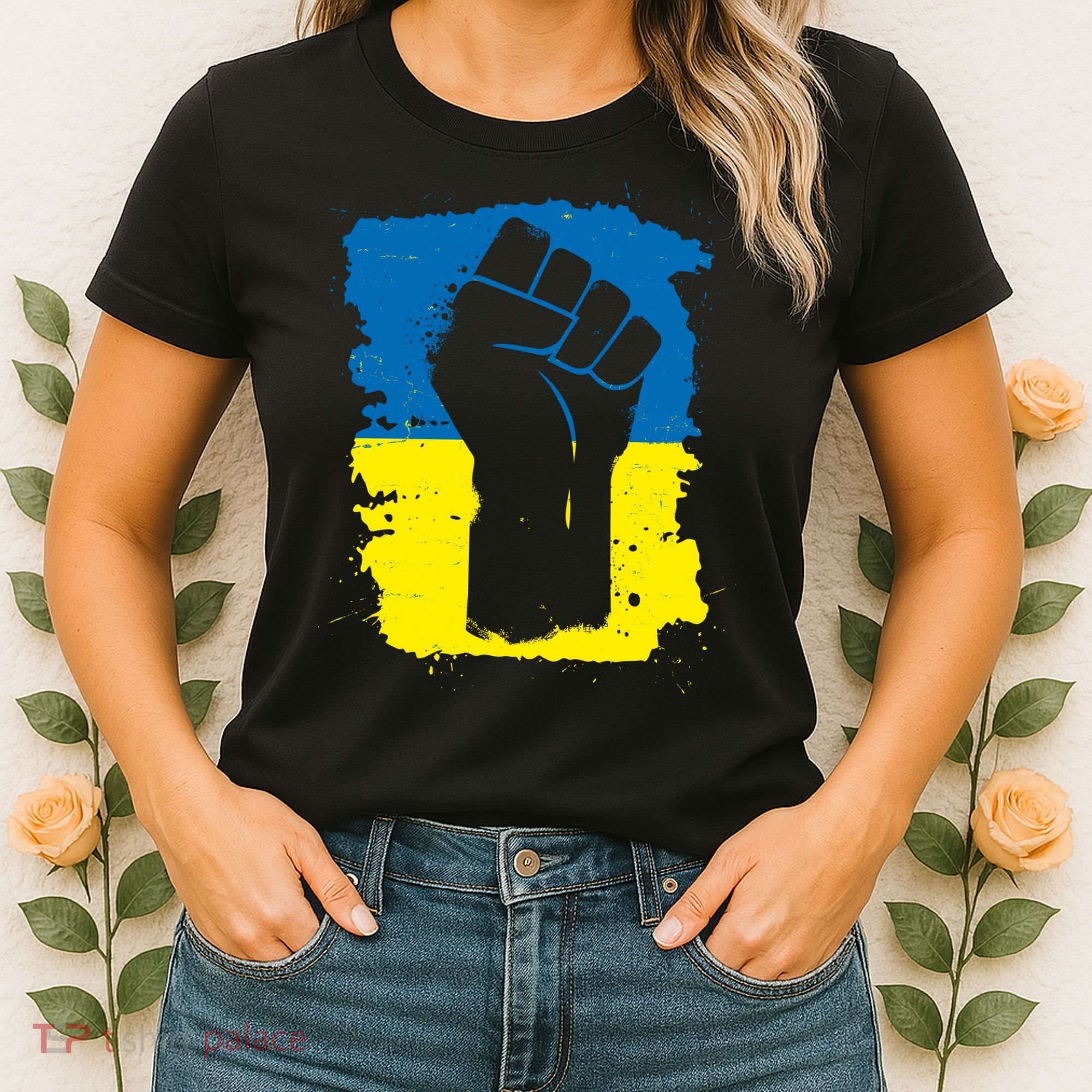 Stand With Ukraine Distressed Protest Fist Ukrainian Flag Women's T-Shirt