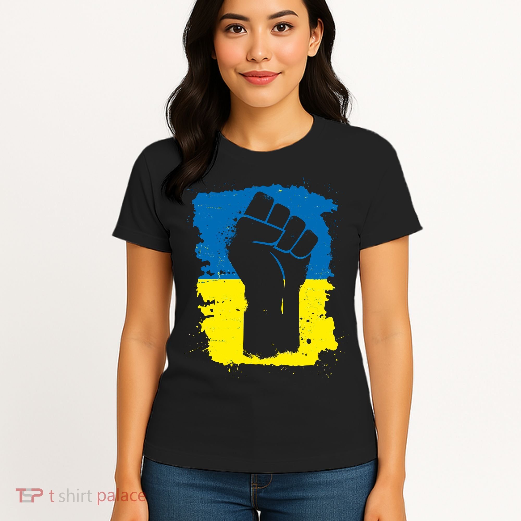 Stand With Ukraine Distressed Protest Fist Ukrainian Flag Women's T-Shirt