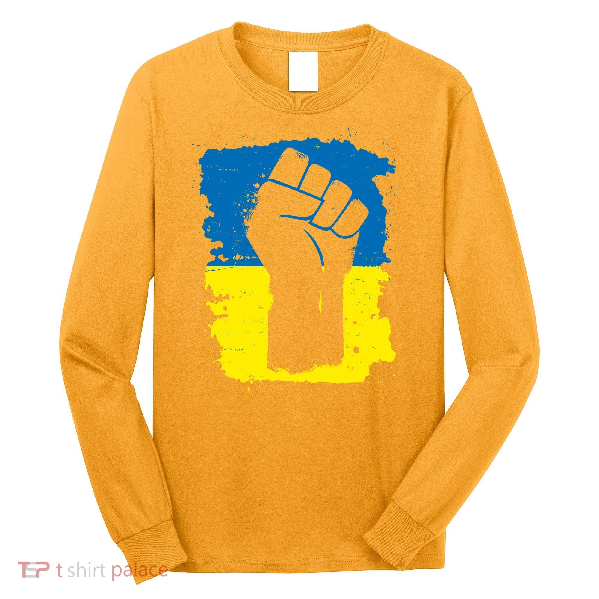 Stand With Ukraine Distressed Protest Fist Ukrainian Flag Long Sleeve Shirt