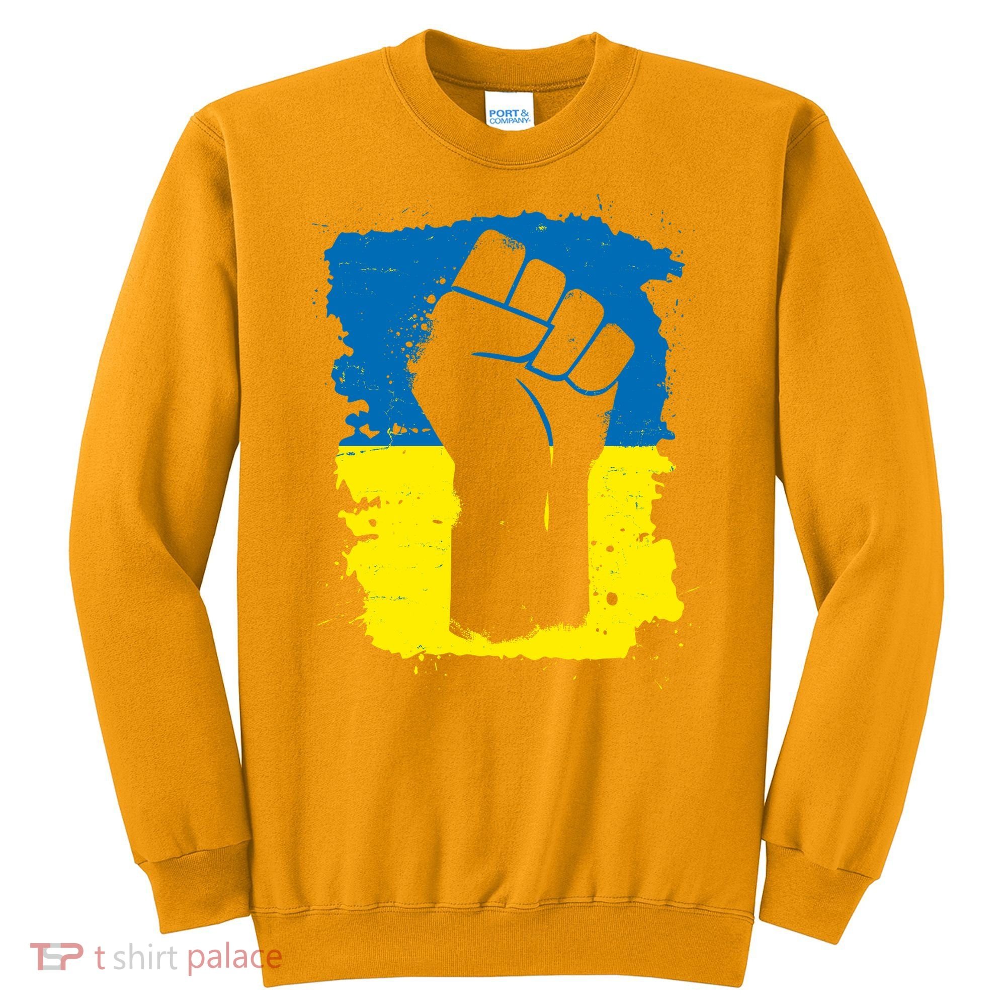 Stand With Ukraine Distressed Protest Fist Ukrainian Flag Sweatshirt