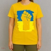Stand With Ukraine Distressed Protest Fist Ukrainian Flag T-Shirt thumb 4