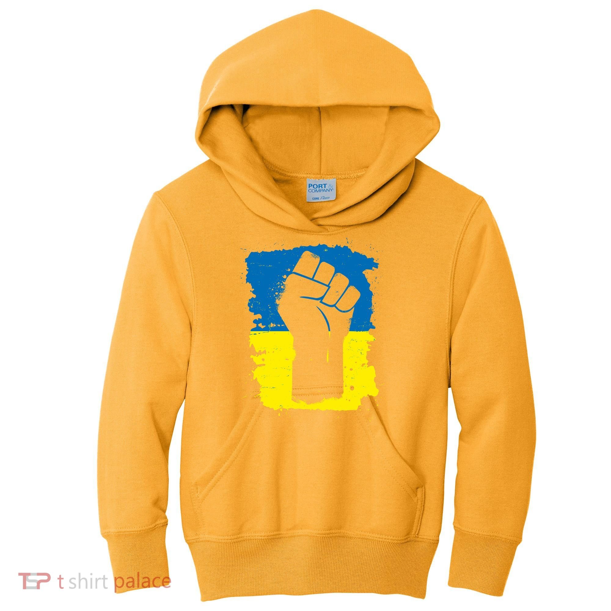 Stand With Ukraine Distressed Protest Fist Ukrainian Flag Kids Hoodie