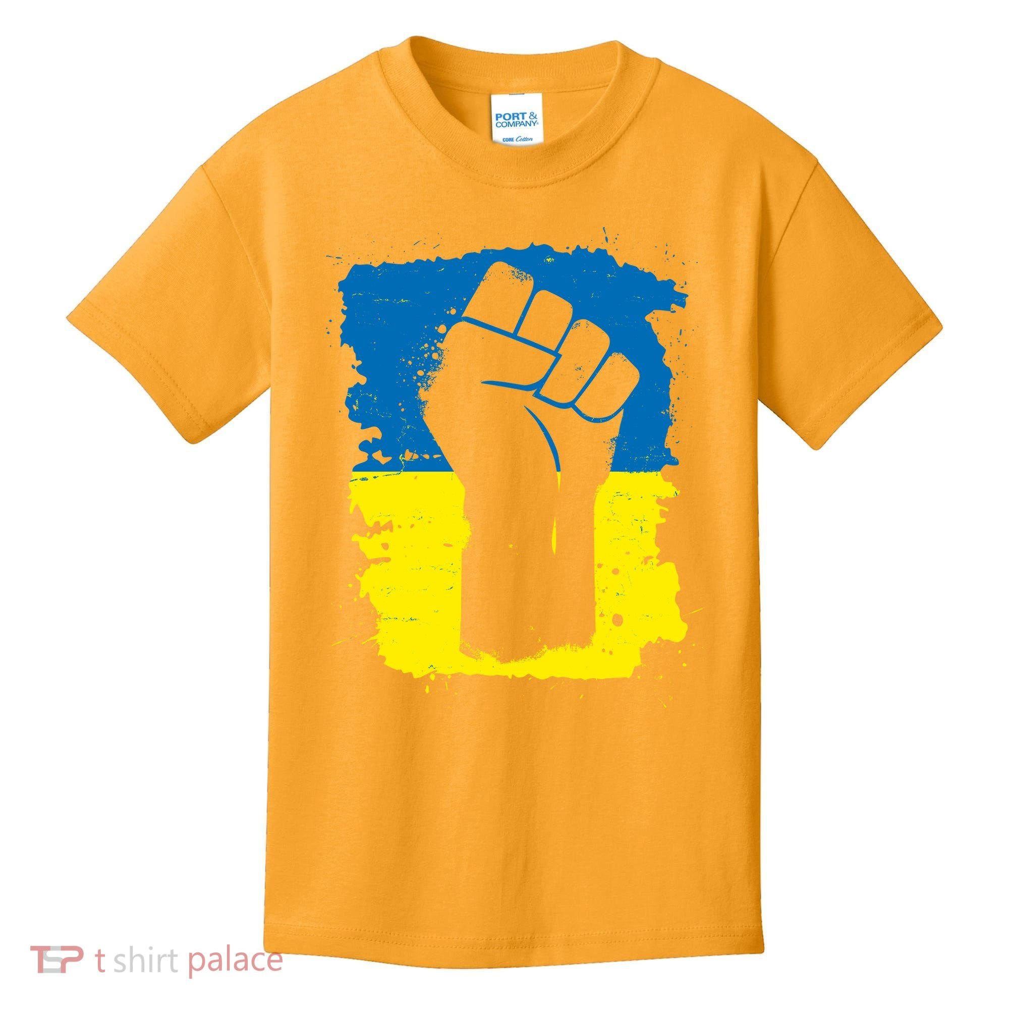 Stand With Ukraine Distressed Protest Fist Ukrainian Flag Kids T-Shirt
