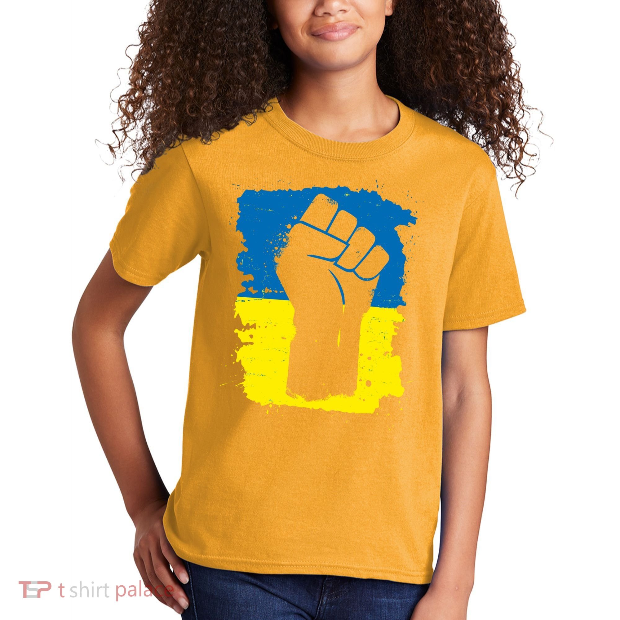 Stand With Ukraine Distressed Protest Fist Ukrainian Flag Kids T-Shirt