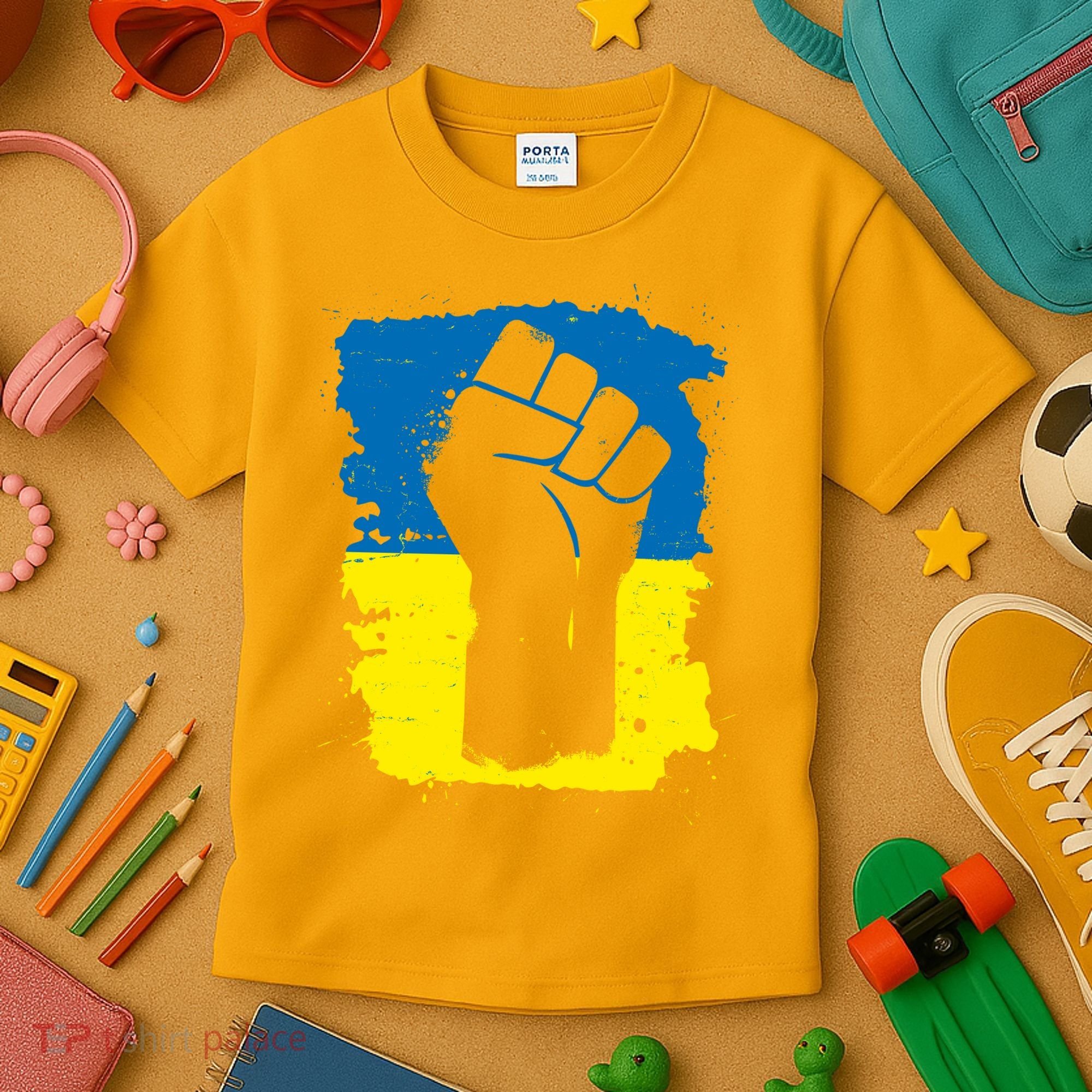 Stand With Ukraine Distressed Protest Fist Ukrainian Flag Kids T-Shirt