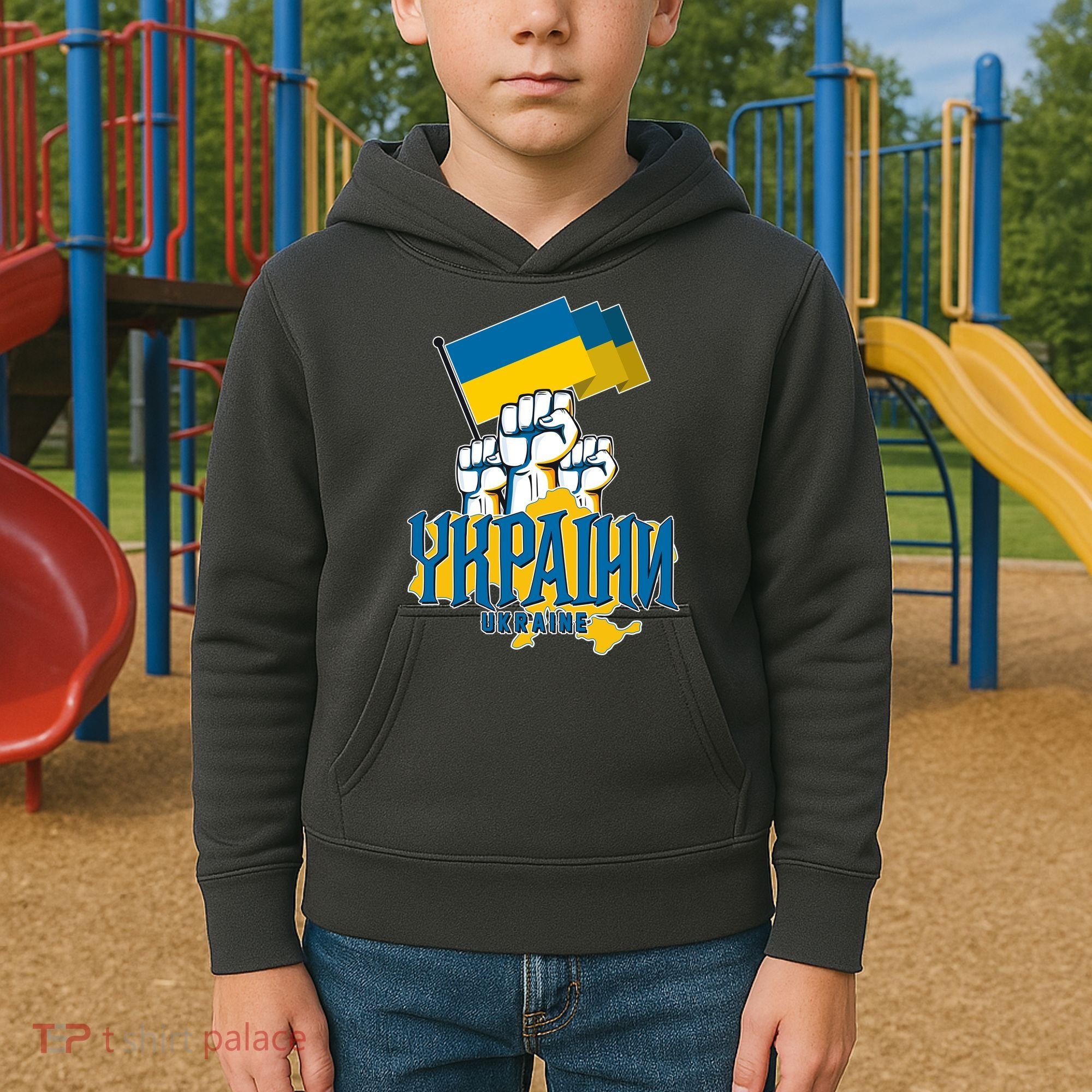 Stand With Ukraine Ukrainian Flag Protest Fist Kids Hoodie