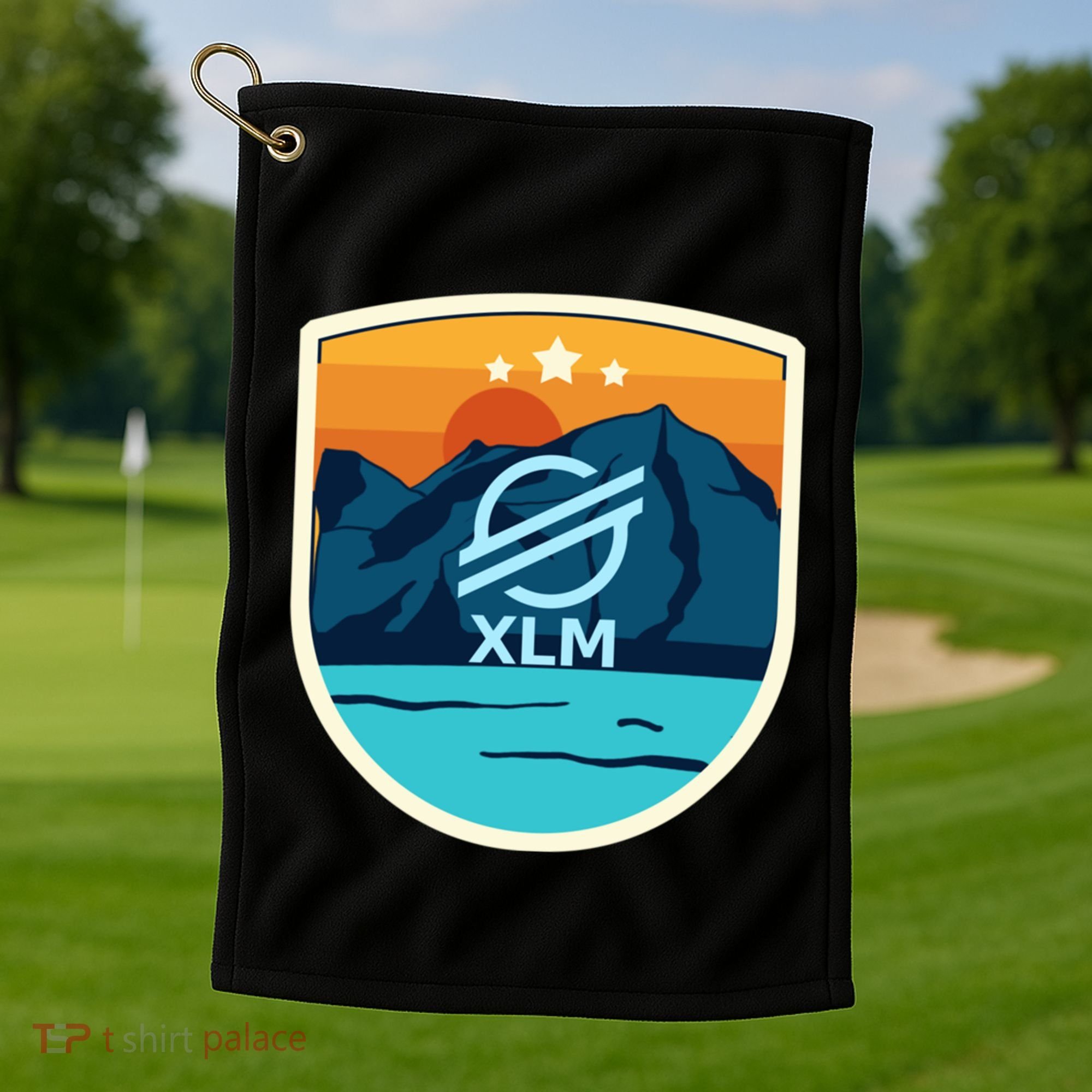 Stellar Xlm Mountain Badge Crypto Currency Sunrise Lake Gift Golf Towel