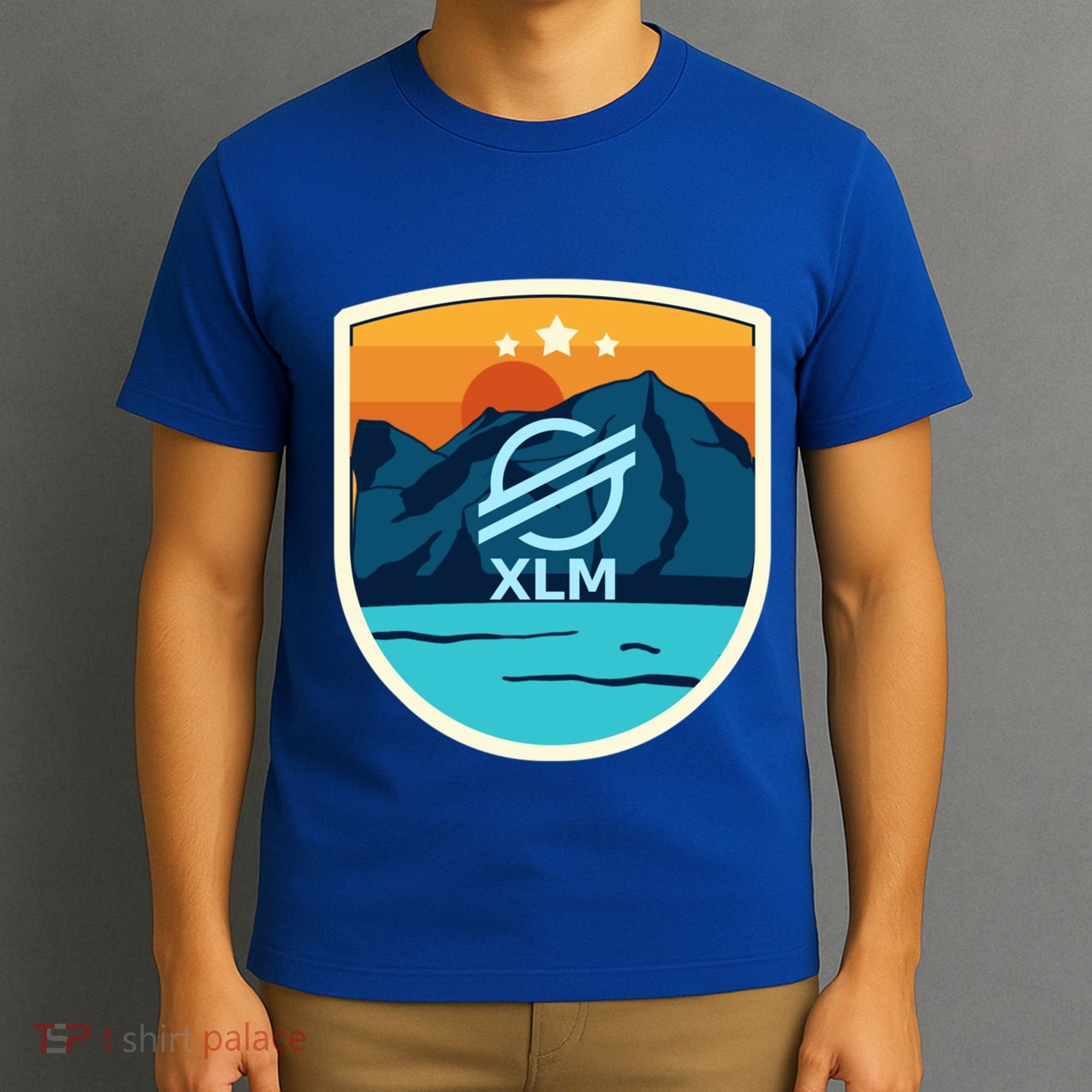 Stellar Xlm Mountain Badge Crypto Currency Sunrise Lake Gift T-Shirt