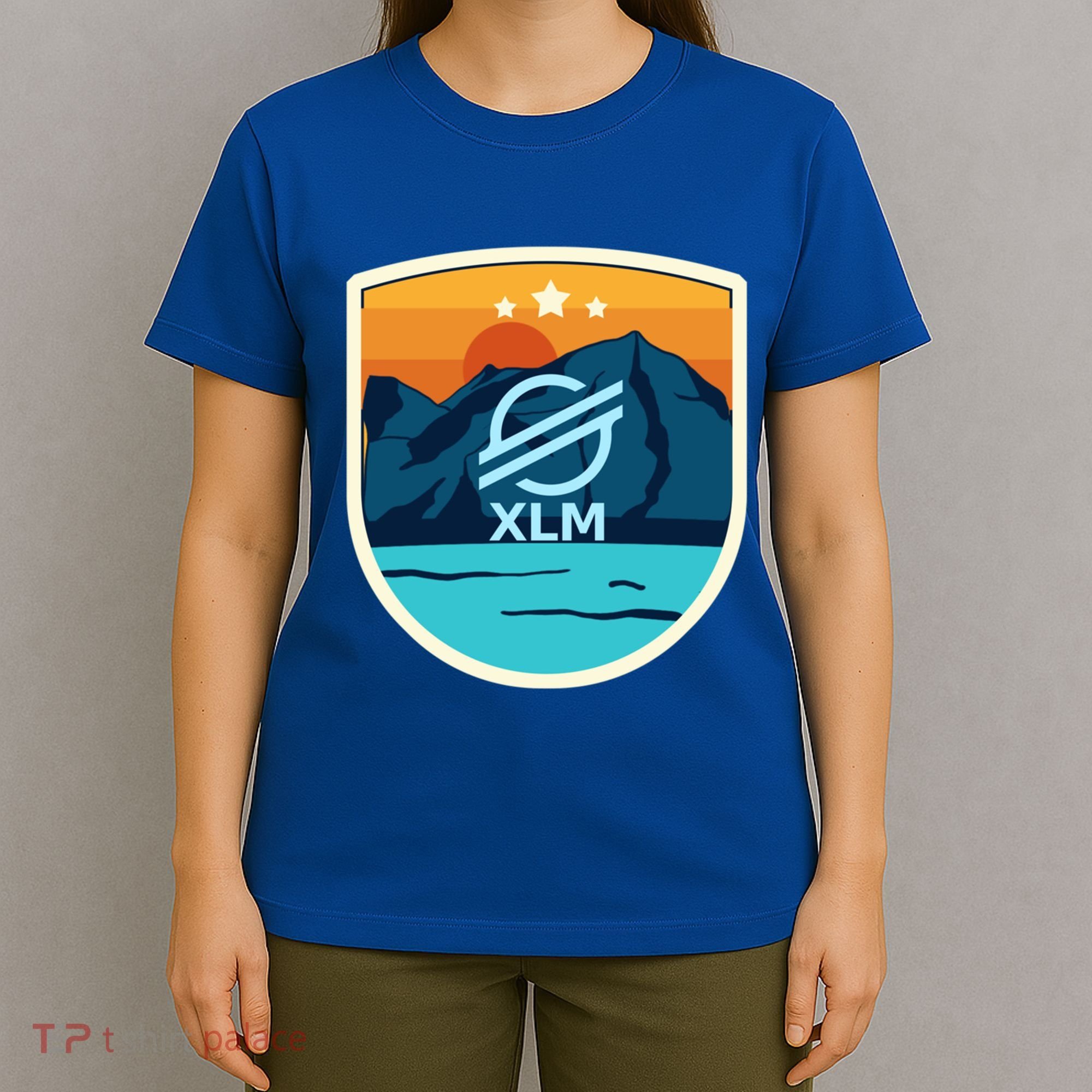 Stellar Xlm Mountain Badge Crypto Currency Sunrise Lake Gift T-Shirt