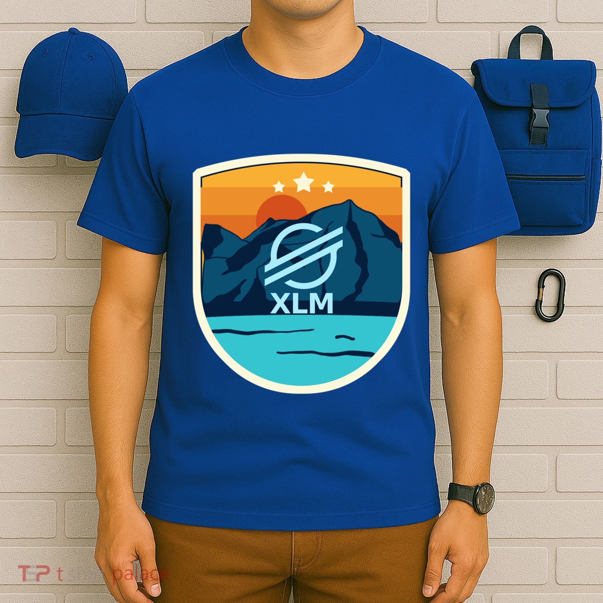 Stellar Xlm Mountain Badge Crypto Currency Sunrise Lake Gift T-Shirt