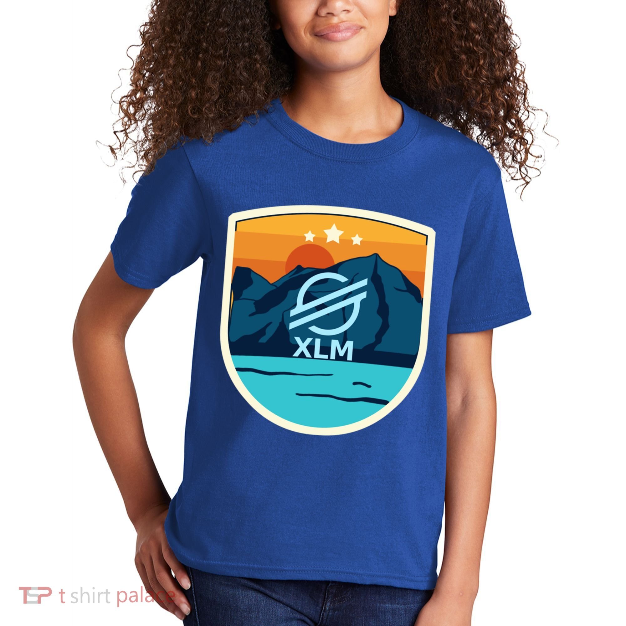 Stellar Xlm Mountain Badge Crypto Currency Sunrise Lake Gift Kids T-Shirt