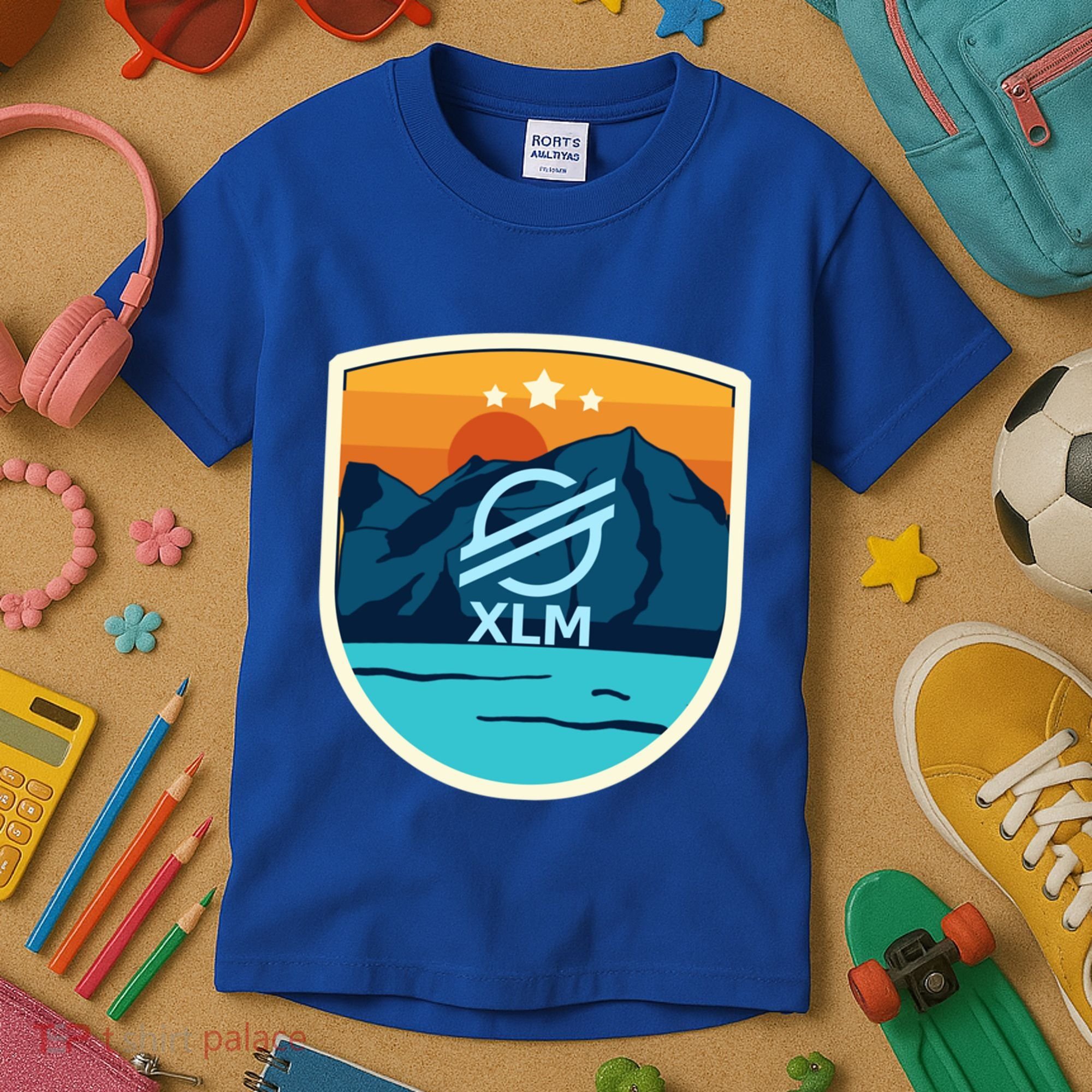 Stellar Xlm Mountain Badge Crypto Currency Sunrise Lake Gift Kids T-Shirt