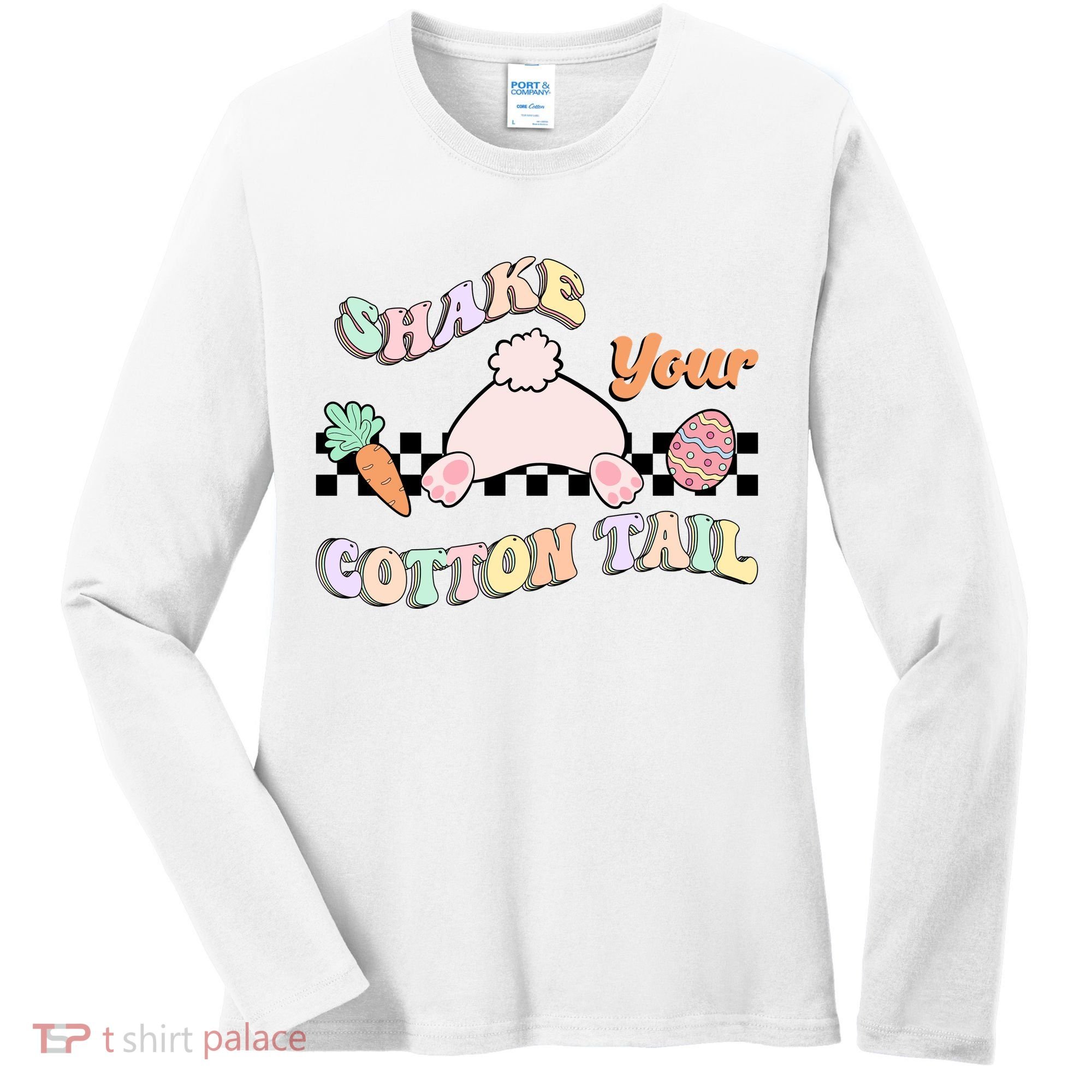 Shake Your Cotton Tail Rainbow Bunny Reto Easter Day Women's Long Sleeve Shirt