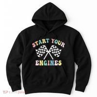 Start Your Engines Groovy Checkered Flag Retro Racing Hoodie thumb 0