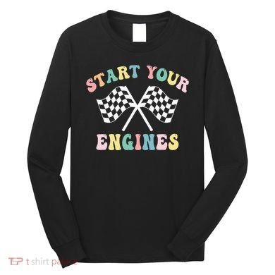 Start Your Engines Groovy Checkered Flag Retro Racing Long Sleeve Shirt