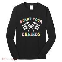 Start Your Engines Groovy Checkered Flag Retro Racing Long Sleeve Shirt thumb 0