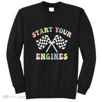 Start Your Engines Groovy Checkered Flag Retro Racing Sweatshirt thumb 0