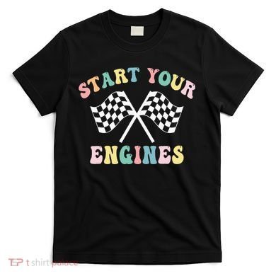 Start Your Engines Groovy Checkered Flag Retro Racing T-Shirt