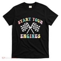 Start Your Engines Groovy Checkered Flag Retro Racing T-Shirt thumb 0