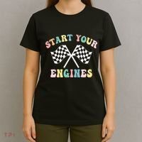 Start Your Engines Groovy Checkered Flag Retro Racing T-Shirt thumb 4