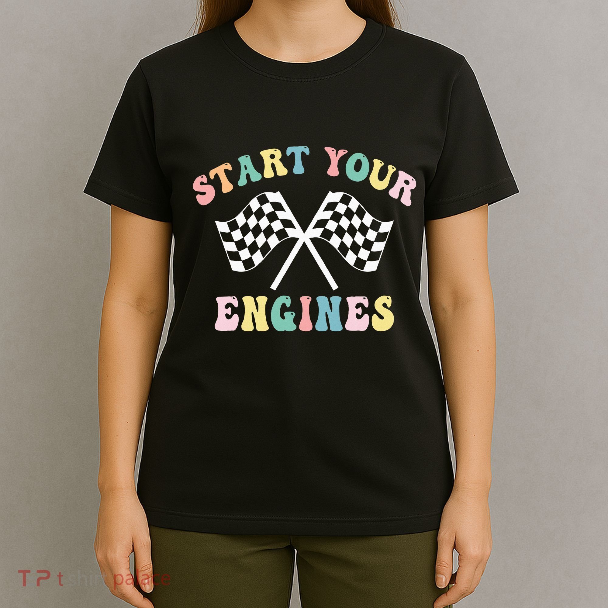 Start Your Engines Groovy Checkered Flag Retro Racing T-Shirt