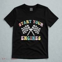 Start Your Engines Groovy Checkered Flag Retro Racing T-Shirt thumb 5