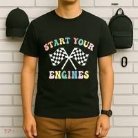 Start Your Engines Groovy Checkered Flag Retro Racing T-Shirt thumb 6