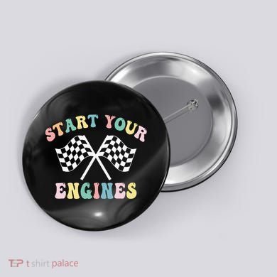 Start Your Engines Groovy Checkered Flag Retro Racing Button