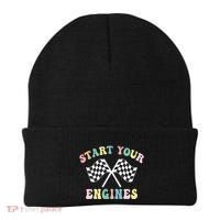 Start Your Engines Groovy Checkered Flag Retro Racing Beanie thumb 0