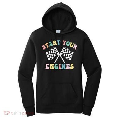 Start Your Engines Groovy Checkered Flag Retro Racing Women's Hoodie