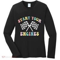 Start Your Engines Groovy Checkered Flag Retro Racing Women's Long Sleeve Shirt thumb 0