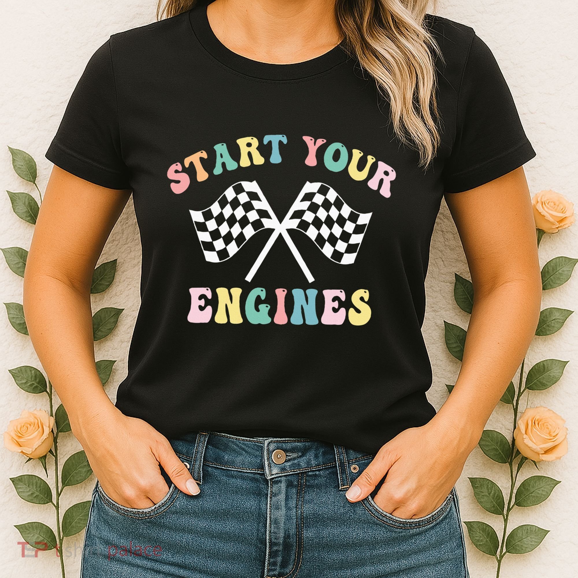 Start Your Engines Groovy Checkered Flag Retro Racing Women's T-Shirt