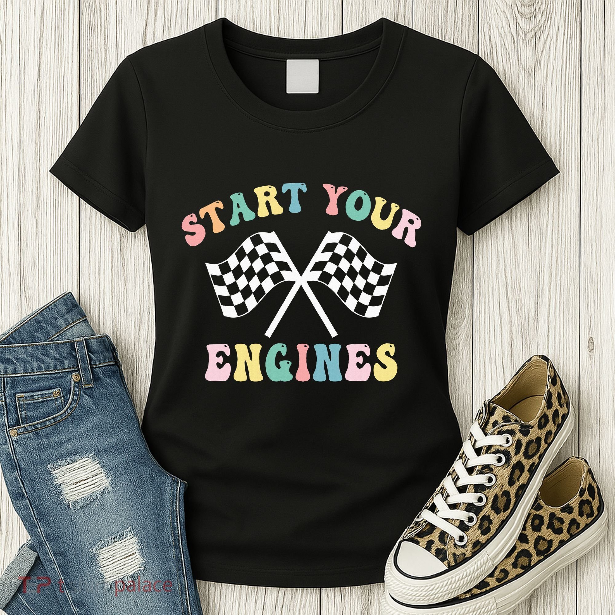 Start Your Engines Groovy Checkered Flag Retro Racing Women's T-Shirt