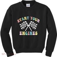Start Your Engines Groovy Checkered Flag Retro Racing Kids Sweatshirt thumb 0