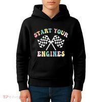 Start Your Engines Groovy Checkered Flag Retro Racing Kids Hoodie thumb 4